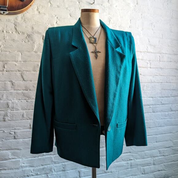 Vintage Green Blue Wool Blazer Classic Preppy Oversize Minimalist Grandpa Jacket - Picture 6 of 10